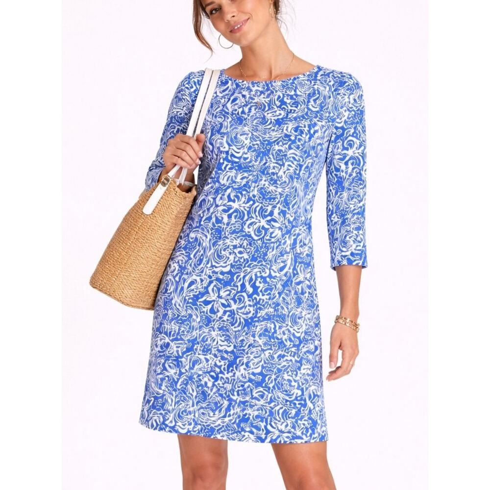 Aryeh Coastal Floral Print Dress Small Blue Nautical Preppy Spring Resort Beach